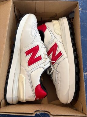 Barely worn 574 Legacy New Balance White Sneakers with Red Accents